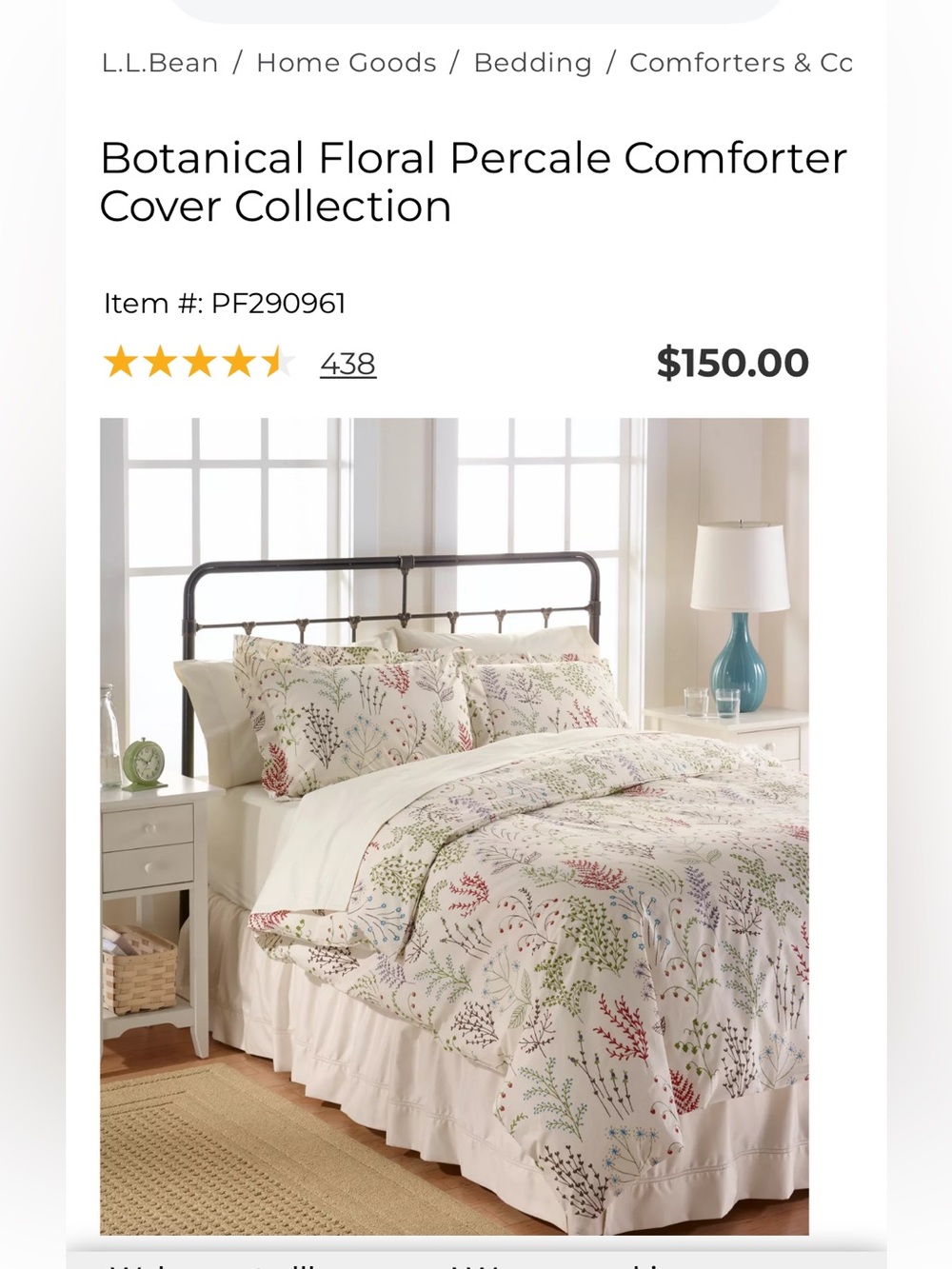 LLBean botanical floral duvet Queen size 100% cotton